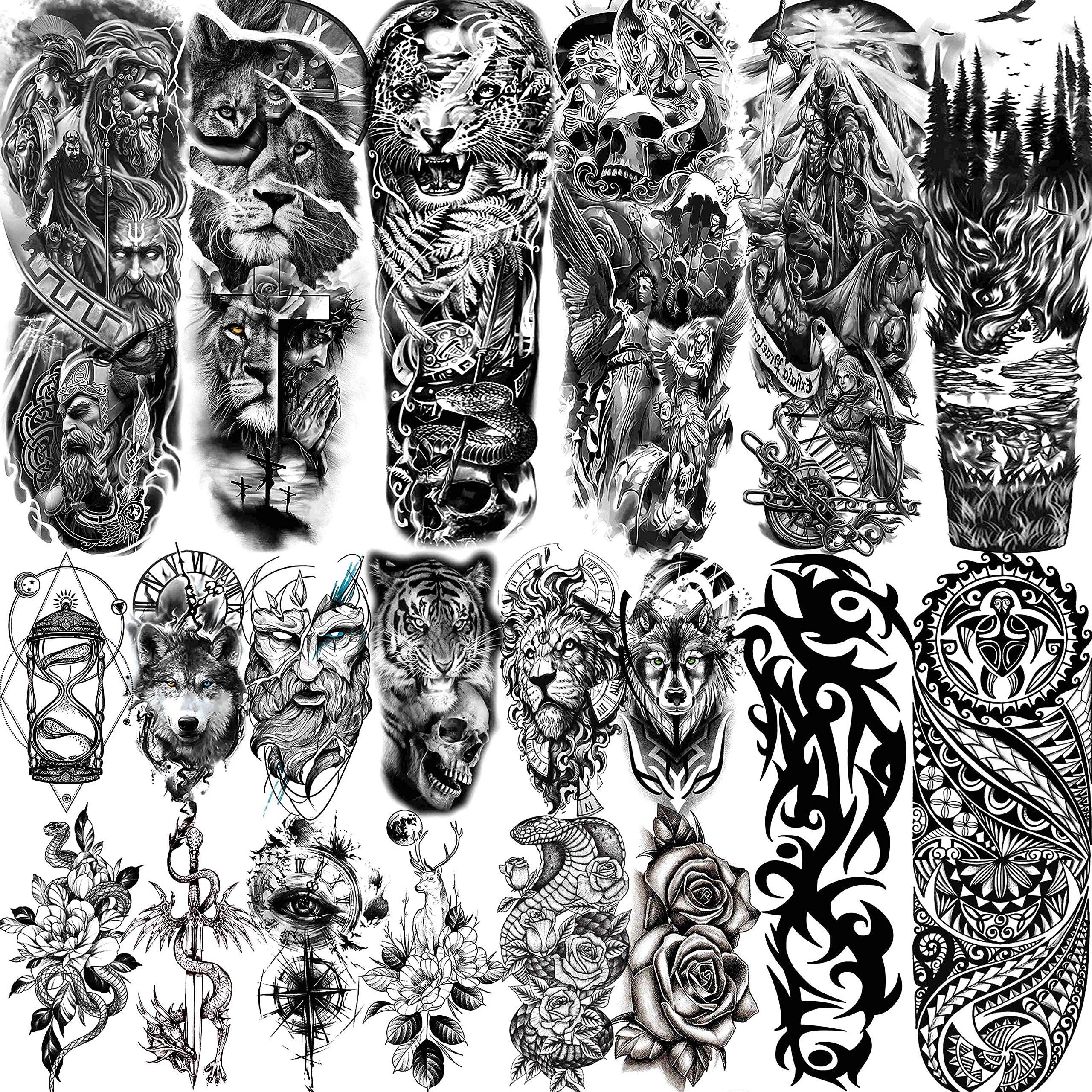 VANTATY 20 Sheets Extra Large Full Arm Temporary Tattoos For Men Adults, Tiger Snake Leopard Lion King Temporary Tattoos Sleeve For Women, Temp Waterproof Fake Tattoo Stickers For Kids Warrior Tatoos