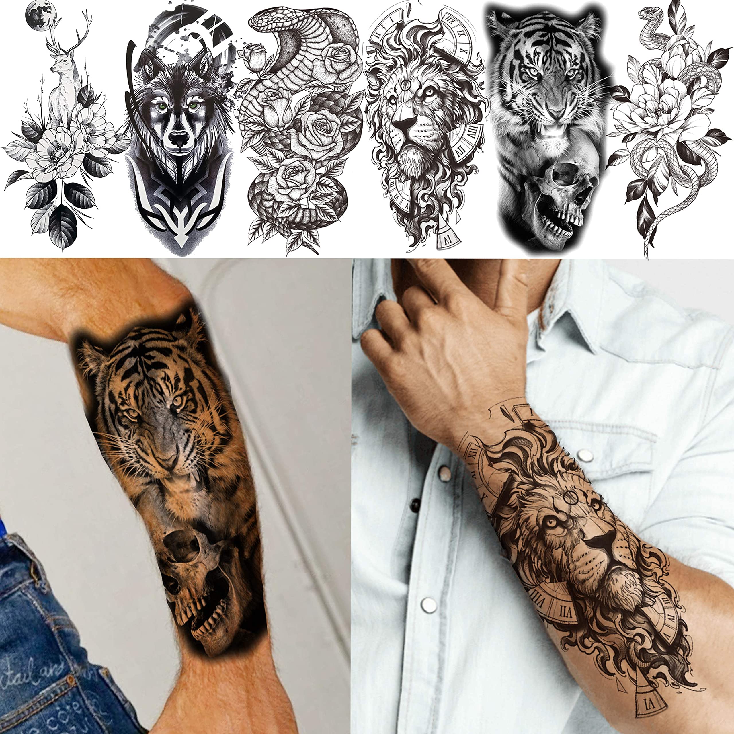 VANTATY 20 Sheets Extra Large Full Arm Temporary Tattoos For Men Adults, Tiger Snake Leopard Lion King Temporary Tattoos Sleeve For Women, Temp Waterproof Fake Tattoo Stickers For Kids Warrior Tatoos