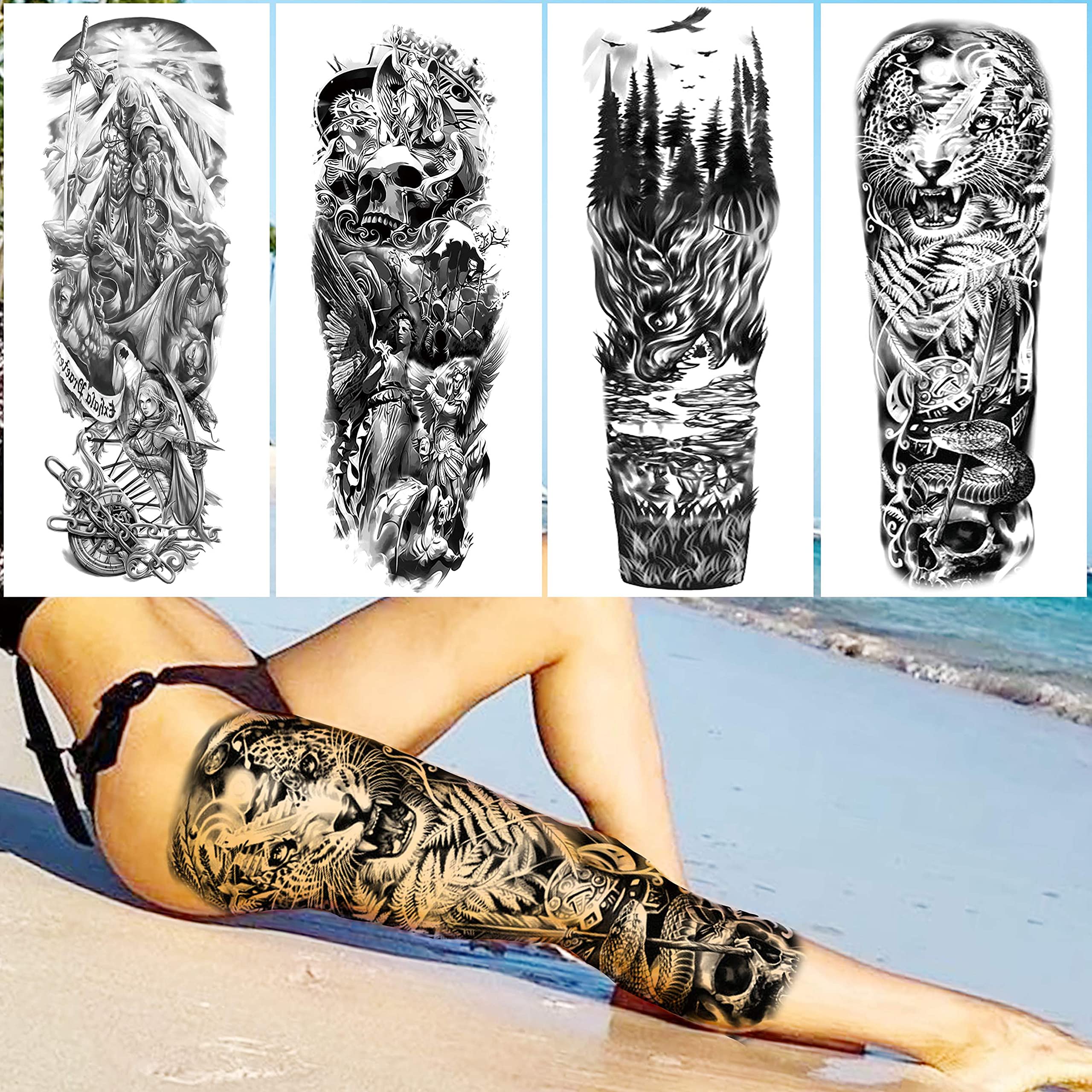 VANTATY 20 Sheets Extra Large Full Arm Temporary Tattoos For Men Adults, Tiger Snake Leopard Lion King Temporary Tattoos Sleeve For Women, Temp Waterproof Fake Tattoo Stickers For Kids Warrior Tatoos