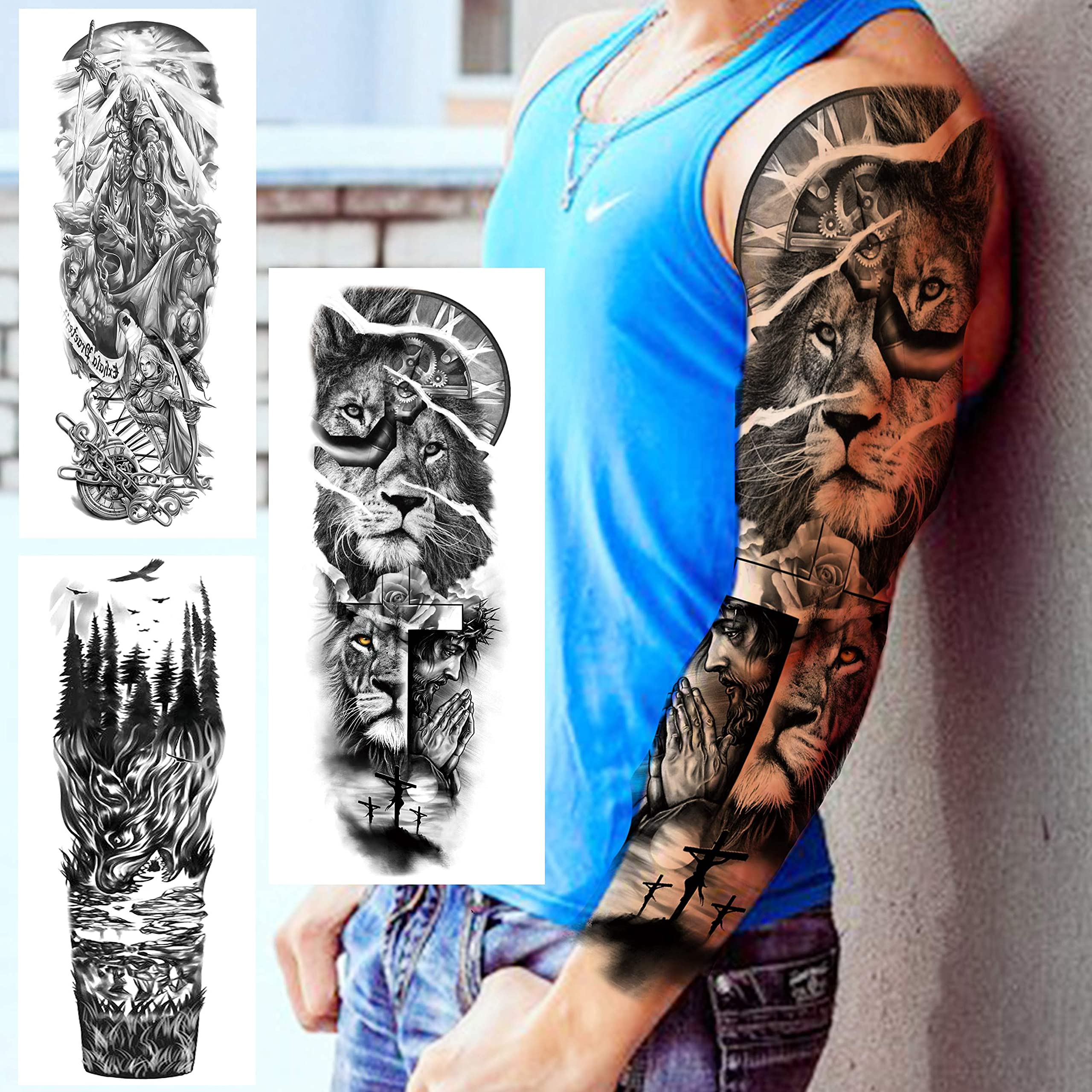 VANTATY 20 Sheets Extra Large Full Arm Temporary Tattoos For Men Adults, Tiger Snake Leopard Lion King Temporary Tattoos Sleeve For Women, Temp Waterproof Fake Tattoo Stickers For Kids Warrior Tatoos