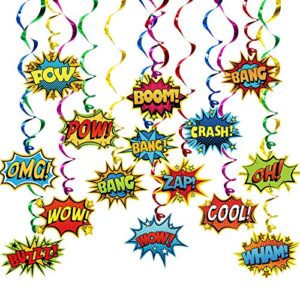 superhero party supplies decorations 30 pack foil ceiling hanging swirls streams party banner decor for kids adults fashion hero birthday celebrating party events baby shower room wall decor 30 counts