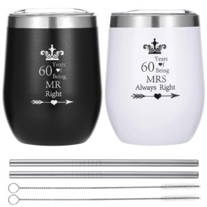 hlikem pack of 2 wine tumbler 60 years mr right mrs always right 60th wedding engagement anniversary cups for couple parents stainless steel wine glass with straws and brush