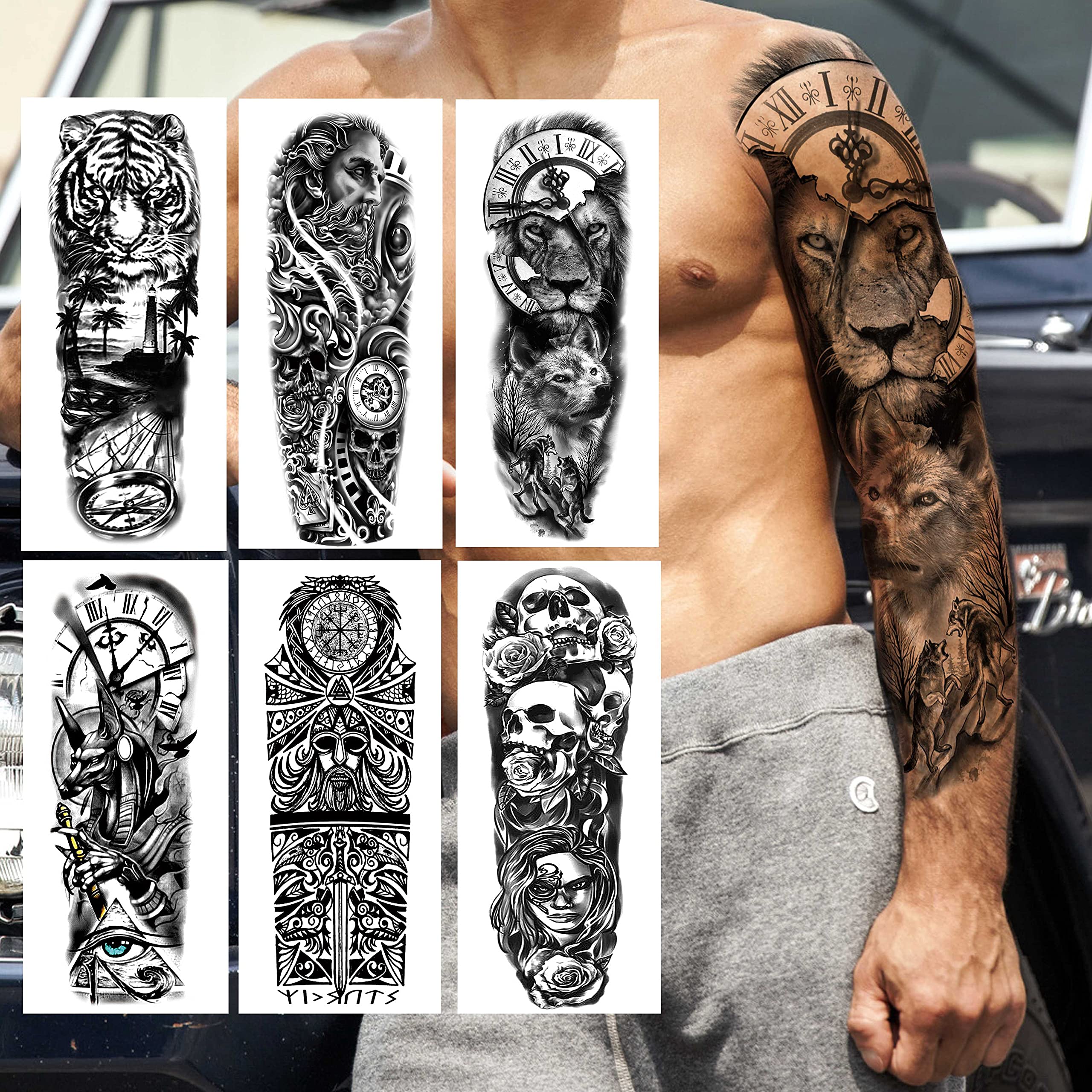 COKTAK 21 Sheets Extra Large Black Temporary Tattoos For Women Adults Greek Myth With 8 Sheets Full Arm Sleeve For Men Maori Warrior Compass and 13 Sheets Fake Large 3D Tatoo Stickers