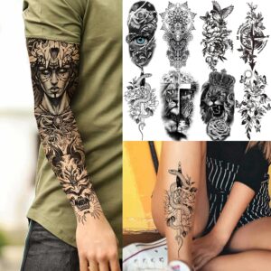 COKTAK 21 Sheets Extra Large Black Temporary Tattoos For Women Adults Greek Myth With 8 Sheets Full Arm Sleeve For Men Maori Warrior Compass and 13 Sheets Fake Large 3D Tatoo Stickers