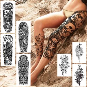 COKTAK 21 Sheets Extra Large Black Temporary Tattoos For Women Adults Greek Myth With 8 Sheets Full Arm Sleeve For Men Maori Warrior Compass and 13 Sheets Fake Large 3D Tatoo Stickers