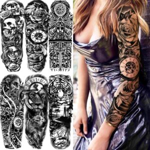 COKTAK 21 Sheets Extra Large Black Temporary Tattoos For Women Adults Greek Myth With 8 Sheets Full Arm Sleeve For Men Maori Warrior Compass and 13 Sheets Fake Large 3D Tatoo Stickers