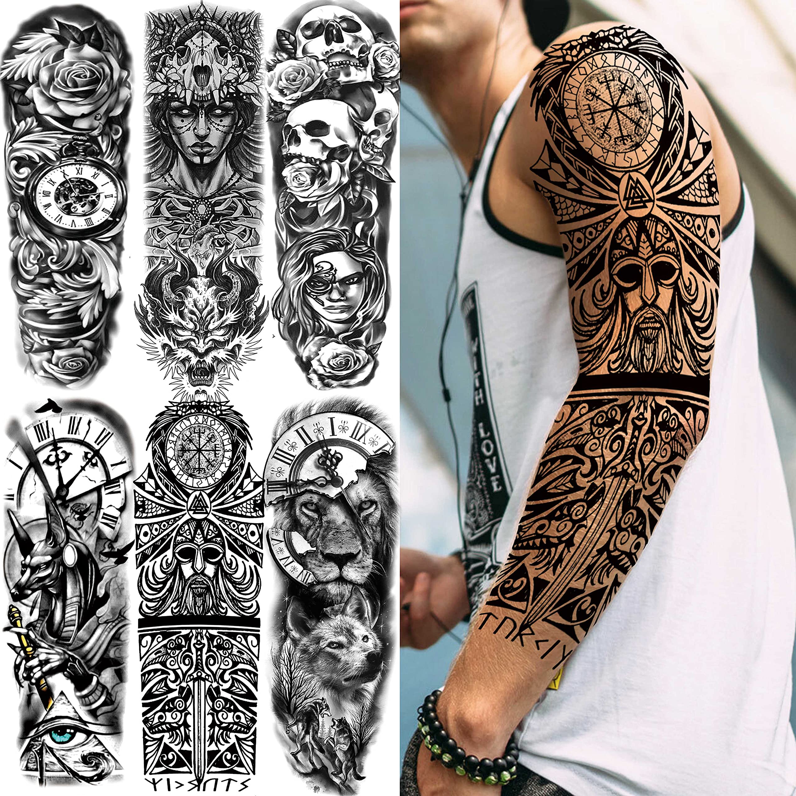 COKTAK 21 Sheets Extra Large Black Temporary Tattoos For Women Adults Greek Myth With 8 Sheets Full Arm Sleeve For Men Maori Warrior Compass and 13 Sheets Fake Large 3D Tatoo Stickers