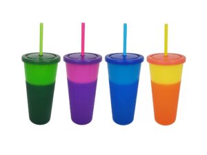 essential drinkware 24oz instant color changing cups set of 4 reusable plastic tumblers with screw on lids and color straws