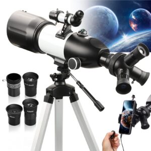 telescopes for adults astronomy, 80mm large aperture for astronomy beginners, adults 3 rotatable eyepieces refractor telescope 400mm/80mm with tripod, phone adapter