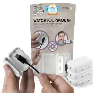 watch your mouth baby proof cord cover | award-winning usb charger cover for baby proofing cords | bpa & phthalate-free charger cover protector | electrical safety baby products, (3-pack, white)