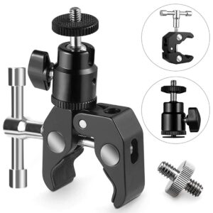 SLOW DOLPHIN Photography Super Clamp with Camera Clamp Mount Ball Head Clamp and Mini Ball Head Hot Shoe Mount Adapter with 1/4'' -20 Tripod Screw for LCD Monitor, LED Flash Light,Microphone (2 PCS)