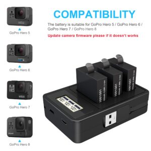 3 Pack Replacement Battery for Gopro Hero 8 Quick Charger Accessories with Digital Monitor 1800mAh Batteries Compatible with GoPro Hero 8 Black Hero 7 Black Hero 6 Black Hero 5 Black