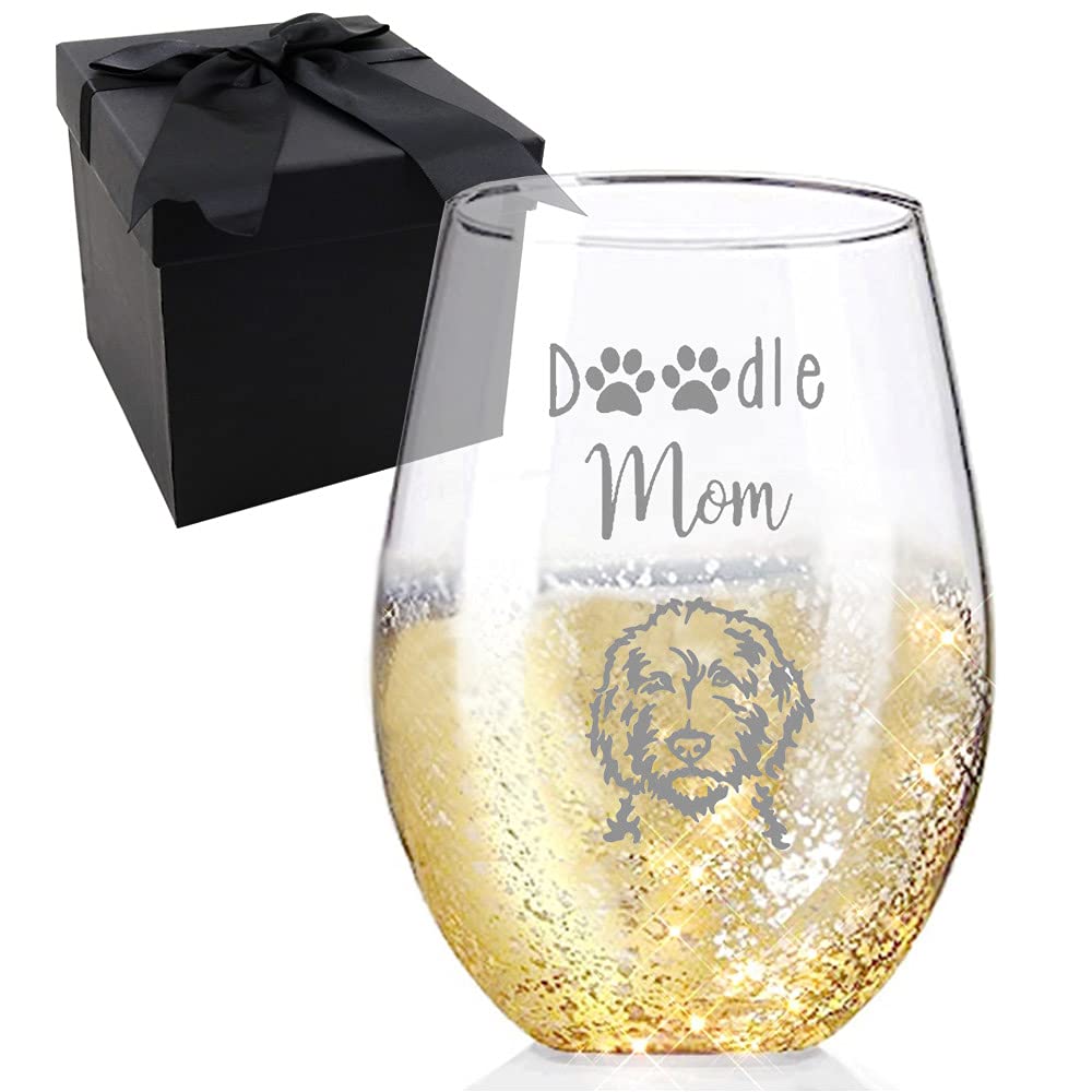 Mothers Day Gifts for Doodle Mama, Goldendoodle Gifts for Women, Doodle Mom Handmade Glitter Golden Etched Wine Glass