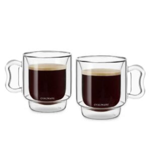 ovalware rj3 espresso coffee glass cups 4oz/120ml (set of 2) double walled glass cup w/solid butterfly handle- elegant borosilicate espresso shot mug - stackable insulated transparent demitasse glass