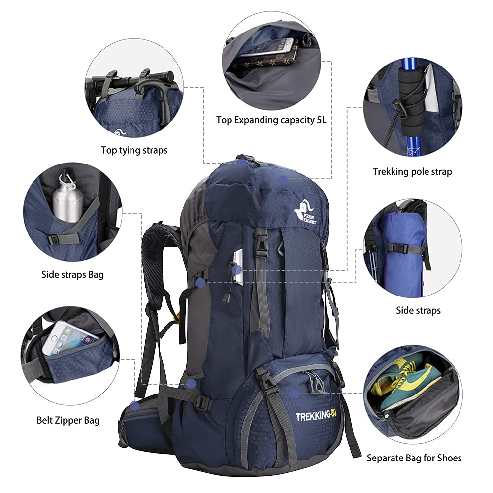 Kerxinma 60L Hiking Backpack Waterproof Travel Hiking Camping with Daypack Cover (Blue)