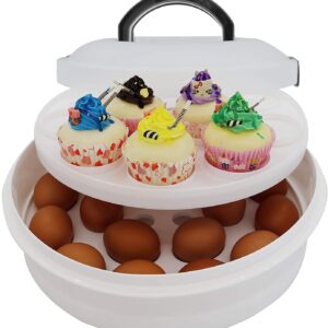 FEOOWV 10 Inch Portable Pie Carrier with Lid and Tray 3-In-1 Round Cupcake Container Egg Holder Muffin Tart Cookie Keeper Food (Grey)