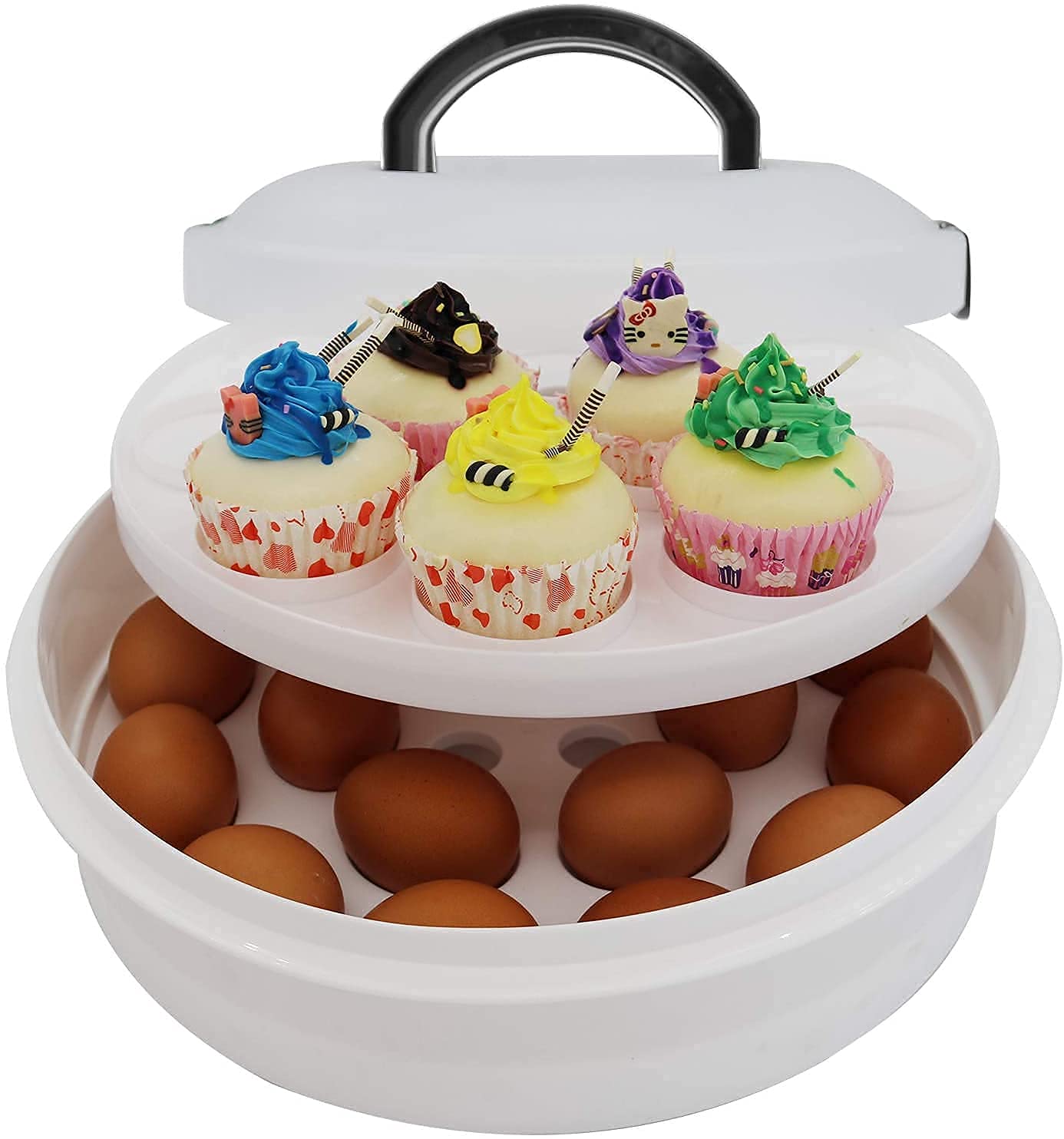 FEOOWV 10 Inch Portable Pie Carrier with Lid and Tray 3-In-1 Round Cupcake Container Egg Holder Muffin Tart Cookie Keeper Food (Grey)