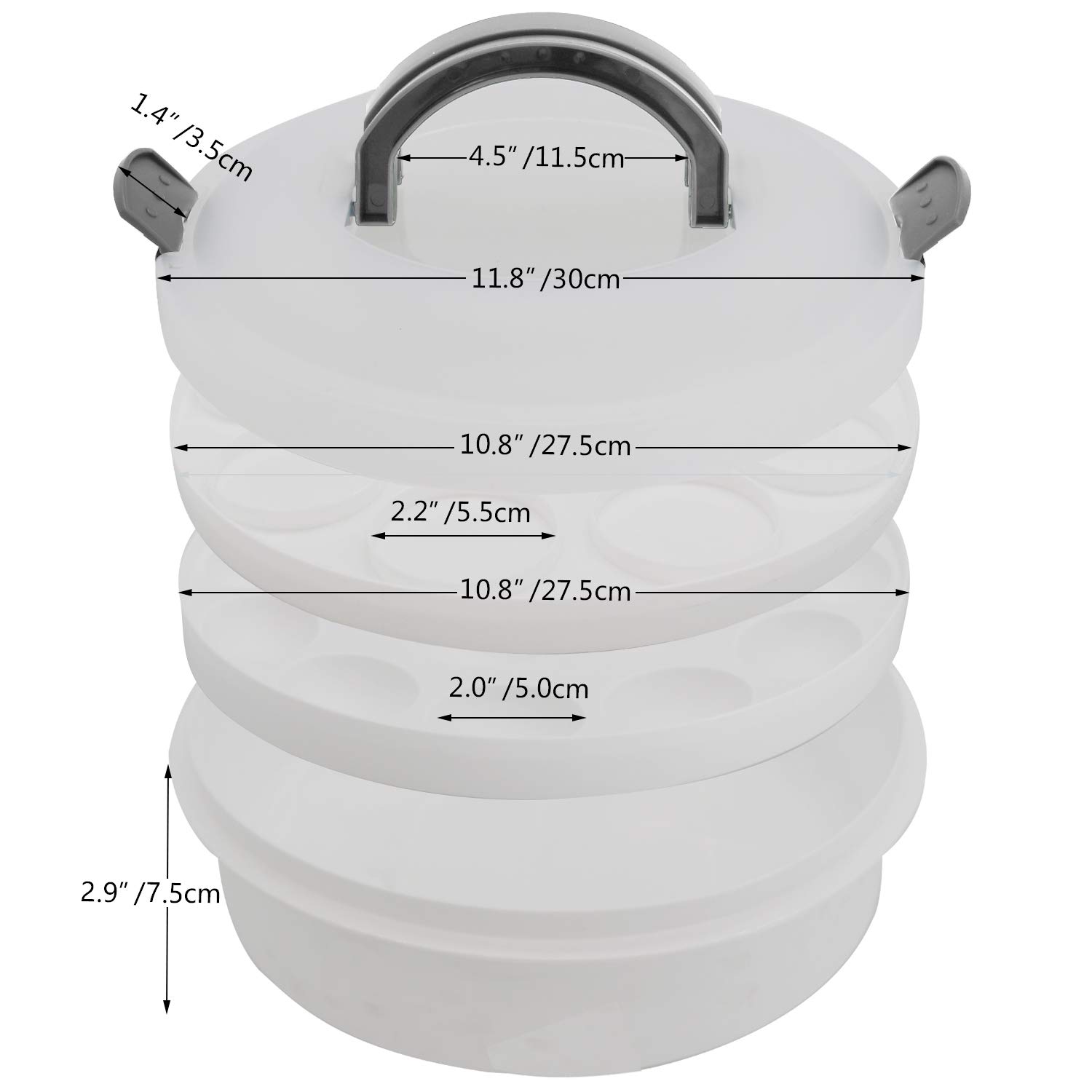 FEOOWV 10 Inch Portable Pie Carrier with Lid and Tray 3-In-1 Round Cupcake Container Egg Holder Muffin Tart Cookie Keeper Food (Grey)