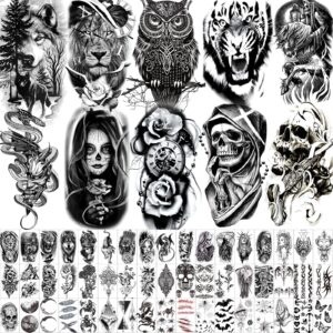 hotoyannia 82 sheets large-size black temporary tattoos stickers, includes 10 large-size fake tattoos that look real and last long, halloween tattoos include wolf lion tiger skeleton skull tattoos