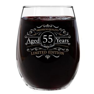 du vino vintage edition 55th birthday stemless wine glass for men and women (55th anniversary) 15 oz | happy birthday wine glasses for 55 year old | classic birthday gift, reunion gift for him or her