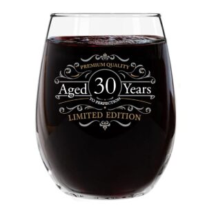 du vino vintage edition 30th birthday stemless wine glass for men and women (30th anniversary) 15 oz | happy birthday wine glasses for 30 year old | classic birthday gift, reunion gift for him or her