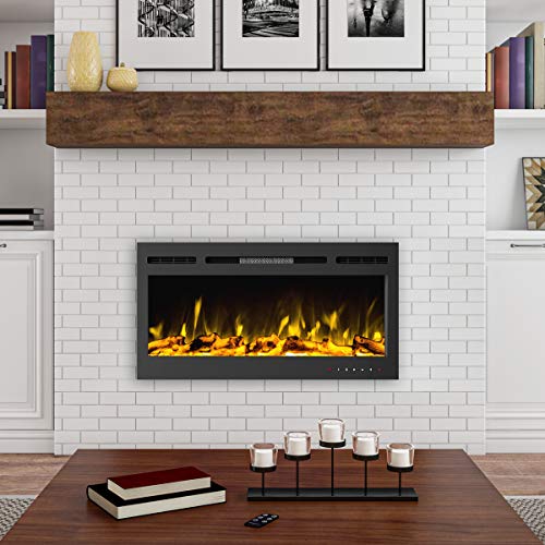 36” Electric Fireplace- Front Vent Wall Mount or Recessed- Realistic LED Flame- Faux Log & Crystal Media, Remote Control by Lavish Home (Black)