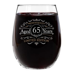 du vino vintage edition 65th birthday stemless wine glass for men and women (65th anniversary) 15 oz | happy birthday wine glasses for 65 year old | classic birthday gift, reunion gift for him or her