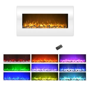 36” electric fireplace- front vent, wall mount 3 color led flame, 10 fuel bed colors & 3 media-touch screen & remote control by lavish home (white)