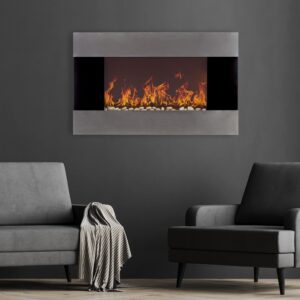 36-Inch Electric Fireplace - Wall Mount, Adjustable Heat, Dimmer, and Remote Control by Lavish Home (Stainless Steel)