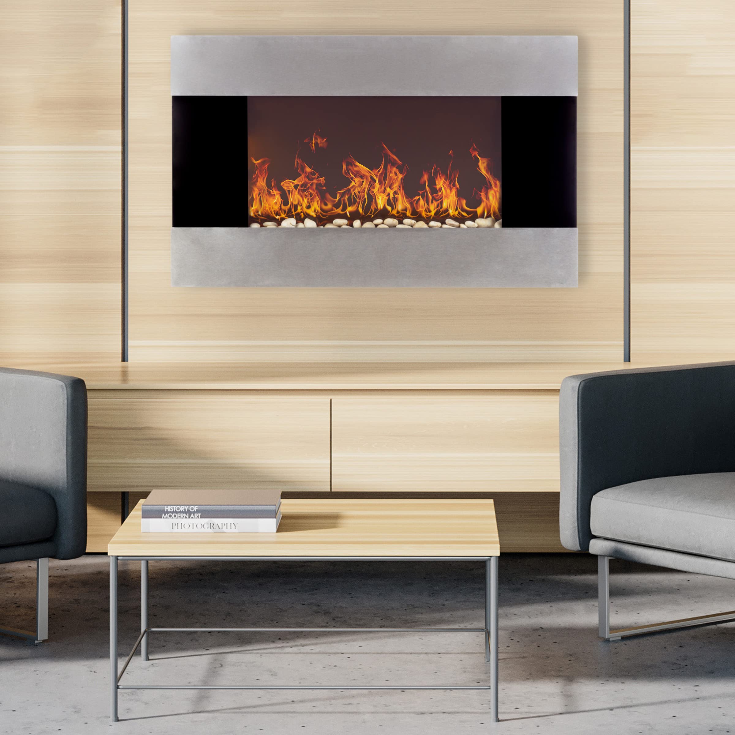 36-Inch Electric Fireplace - Wall Mount, Adjustable Heat, Dimmer, and Remote Control by Lavish Home (Stainless Steel)