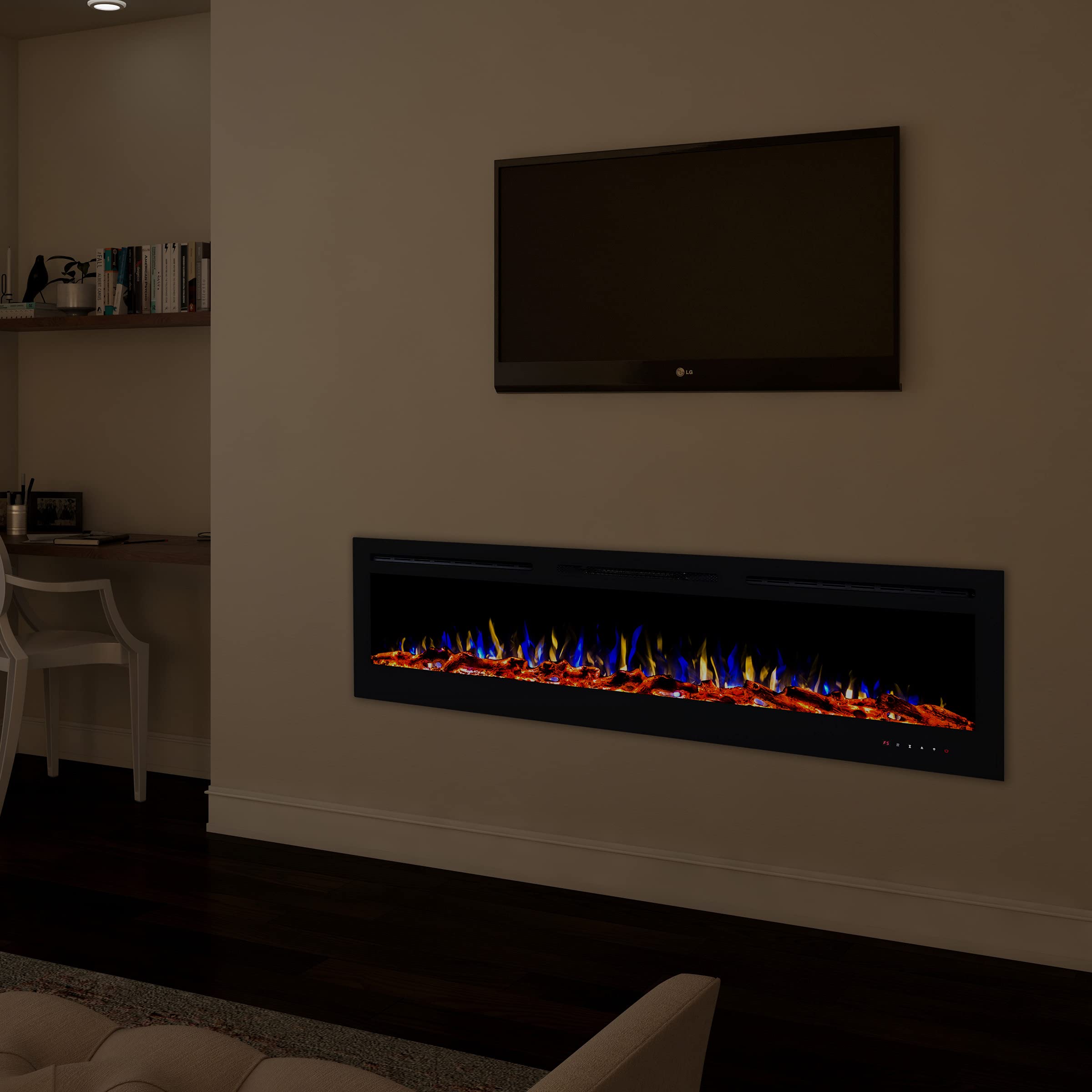 72” Electric Fireplace-Front Vent, Wall Mount or Recessed-3 Color LED Flame, 10 Fuel Bed Colors & 3 Media-Touch Screen & Remote Control by Lavish Home