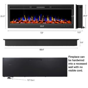 72” Electric Fireplace-Front Vent, Wall Mount or Recessed-3 Color LED Flame, 10 Fuel Bed Colors & 3 Media-Touch Screen & Remote Control by Lavish Home