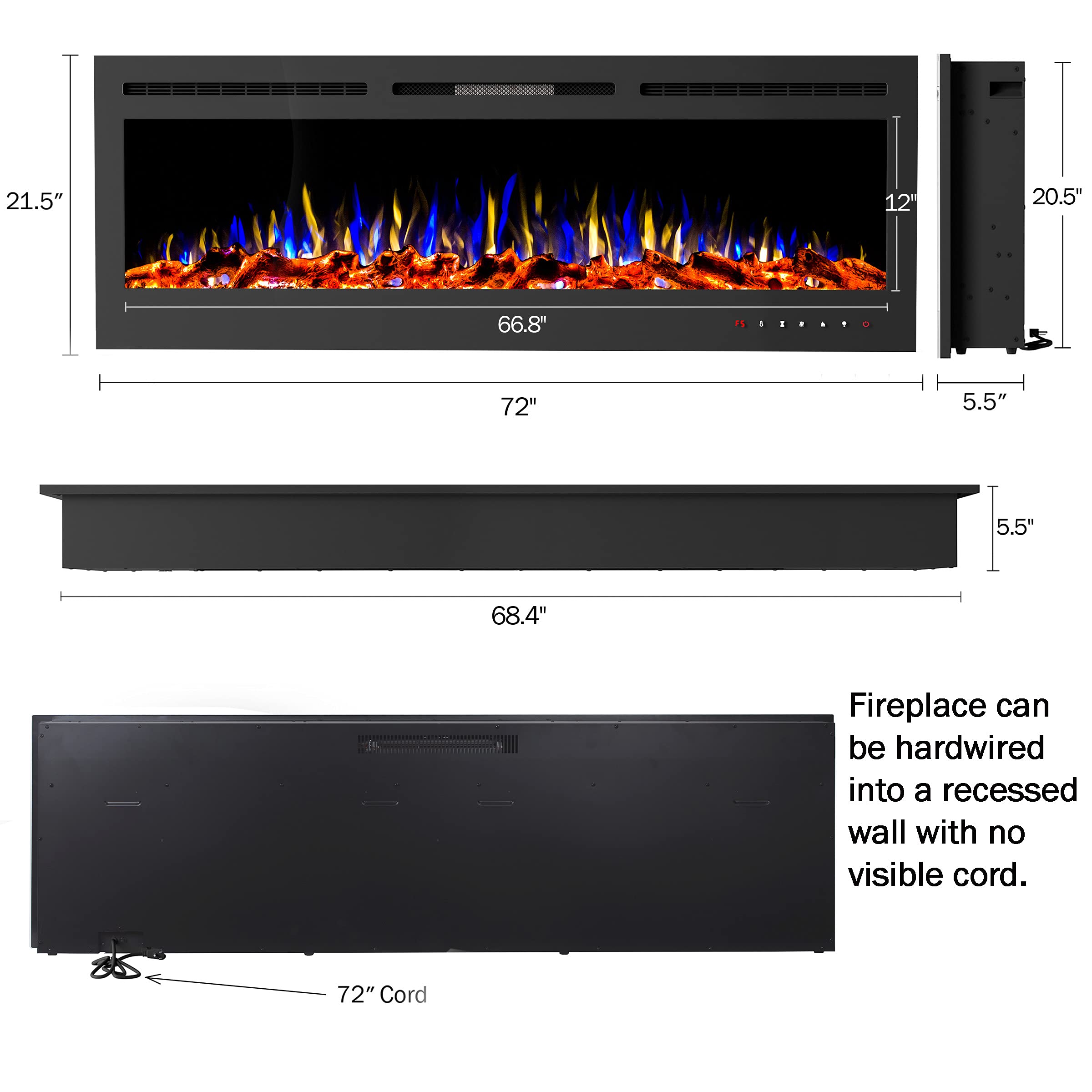 72” Electric Fireplace-Front Vent, Wall Mount or Recessed-3 Color LED Flame, 10 Fuel Bed Colors & 3 Media-Touch Screen & Remote Control by Lavish Home