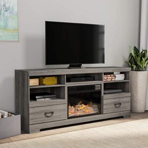 electric fireplace tv stand- for tvs up to 65", media shelves & 2 drawers, remote control, led flames, adjustable heat & light by lavish home