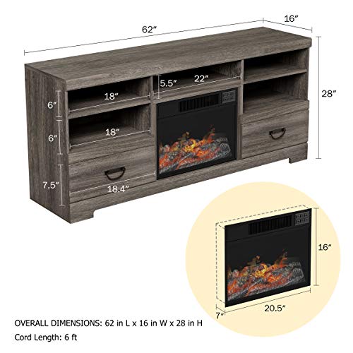 Electric Fireplace TV Stand- for TVs up to 65", Media Shelves & 2 Drawers, Remote Control, LED Flames, Adjustable Heat & Light by Lavish Home