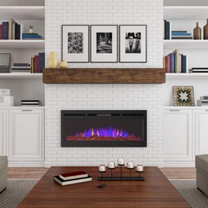 50” electric fireplace-wall mount or recessed-3 color led flame–faux log, pebbles & crystal media options, with heat or no heat by lavish home (black)