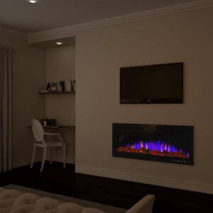 50” Electric Fireplace-Wall Mount or Recessed-3 Color LED Flame–Faux Log, Pebbles & Crystal Media Options, with Heat or No Heat by Lavish Home (Black)