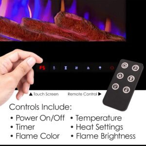 50” Electric Fireplace-Wall Mount or Recessed-3 Color LED Flame–Faux Log, Pebbles & Crystal Media Options, with Heat or No Heat by Lavish Home (Black)