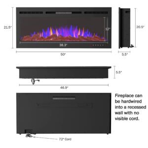 50” Electric Fireplace-Wall Mount or Recessed-3 Color LED Flame–Faux Log, Pebbles & Crystal Media Options, with Heat or No Heat by Lavish Home (Black)