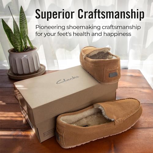 Clarks Mens Suede Moccasin Slippers Warm Cozy Indoor Outdoor Plush Faux Fur Lined Slipper For Men (11 M US, Cinnamon)