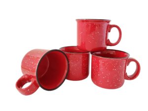 essential drinkware 14oz ceramic campfire coffee mug (set of 4), red with speckled finish - durable thick walled camping style cup for outdoors or home