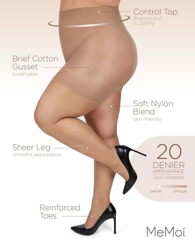 MeMoi Plus Size Curvy Silky Sheer Control Top Pantyhose City Beige 7X