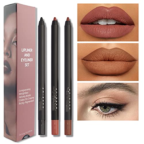 MAEPEOR Matte Lipliner and Eyeliner Kit 3 PCS Smoothly Creamy Lipliner and Eyeliner Pen Set for Daily Wear (3PCS Kit 2)