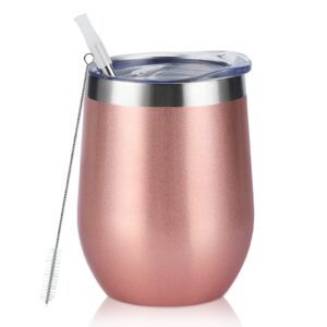 stainless steel wine tumbler 12oz, double wall vacuum insulated wine tumbler with lid and straw, stainless steel stemless wine glass for wine, coffee, cocktails, champaign, ice cream, rose gold…