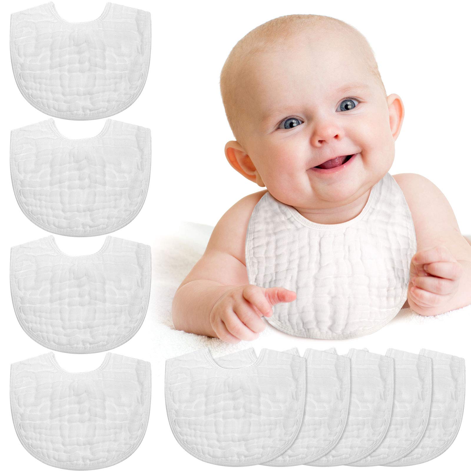 Tatuo 10 Pieces Muslin Baby Bibs Bulk Adjustable Newborn Bandana Drool Bibs for Baby Boy Girl Burping Cloth(White)