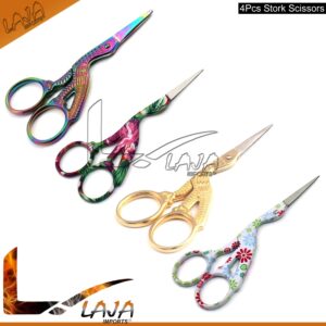 LAJA Imports 4 Pairs 3.6" Stainless Steel Sharp Tip Stork Scissors Crane Design Sewing Scissors DIY Tools Dressmaker Shears Scissors for Embroidery Craft Needle Work Art Work & Everyday Use (Style 3)