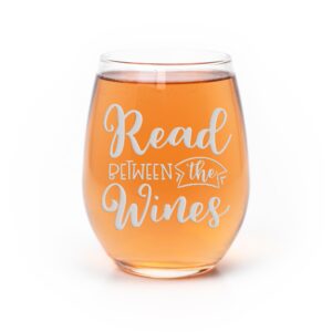 read between the wines stemless wine glass - book club gift, book worm gift, book lover gift, funny wine saying, bookish wine gift