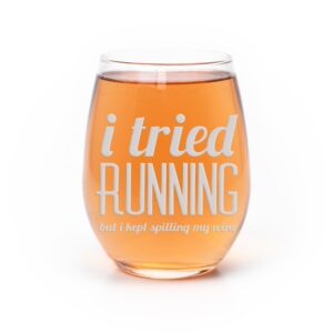 i tried running spilled my wine stemless wine glass - gift for female marathon runner, gift ideas for fitness instructor, runner wine glass