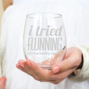 I Tried Running Spilled My Wine Stemless Wine Glass - Gift For Female Marathon Runner, Gift Ideas for Fitness Instructor, Runner Wine Glass