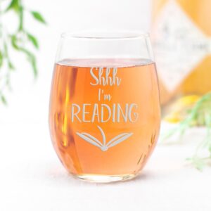 Shhh Im Reading Stemless Wine Glass - Book Worm Gift, Reader Wine Glass, Gift for Readers, Gift for Book Lovers